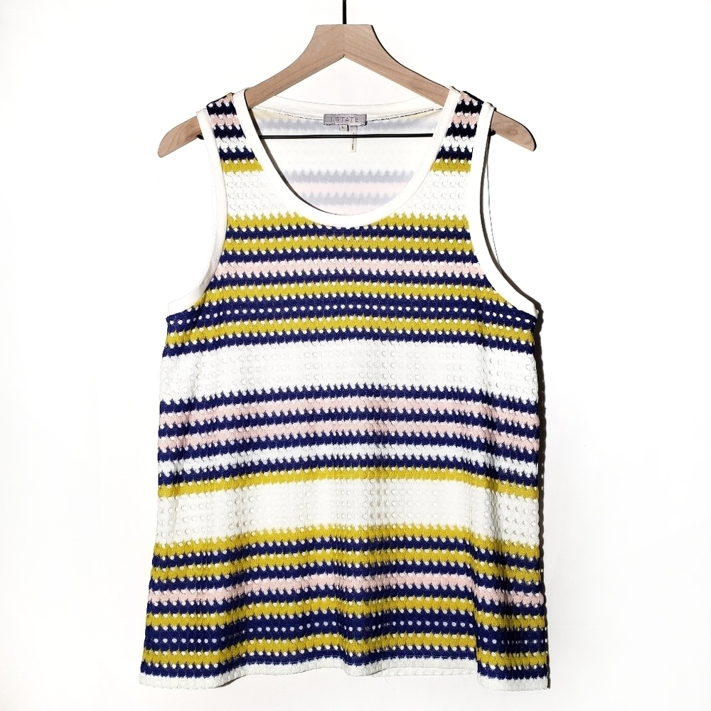 1.State Crochet Overlay Stripe‎ Tank L White Blue Yellow Mesh Top